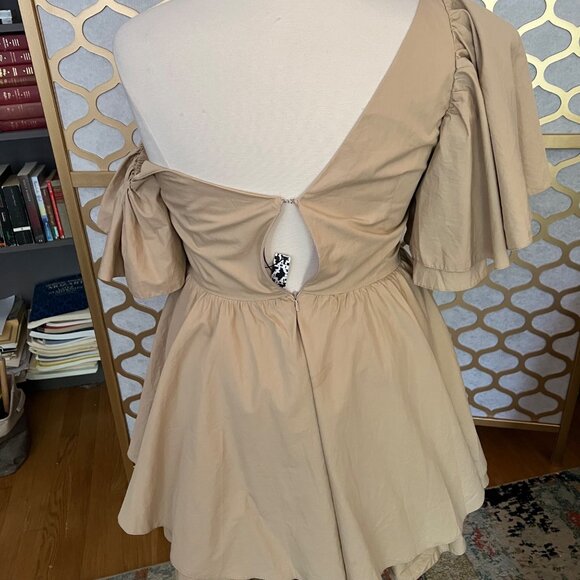 Asos Luxe Size 14 NEW Beige Cotton One Shoulder Dress w Corset Detail & Ruffles - Picture 5 of 16